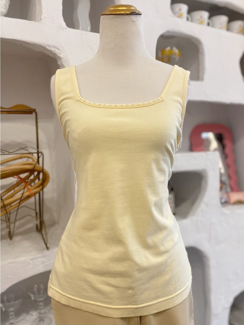 Butter Yellow Stretchy Cotton Square-Neck Tank Top with Rhinestone Detail